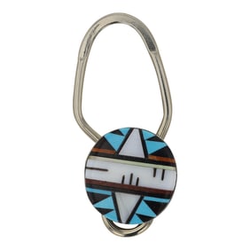 Zuni Sterling Silver & Nickel Turquoise Coral Mother of Pearl & Jet Inlay Key Chain