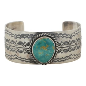 Mark Yazzie Navajo Fox Turquoise Stamp-Work Cuff Bracelet
