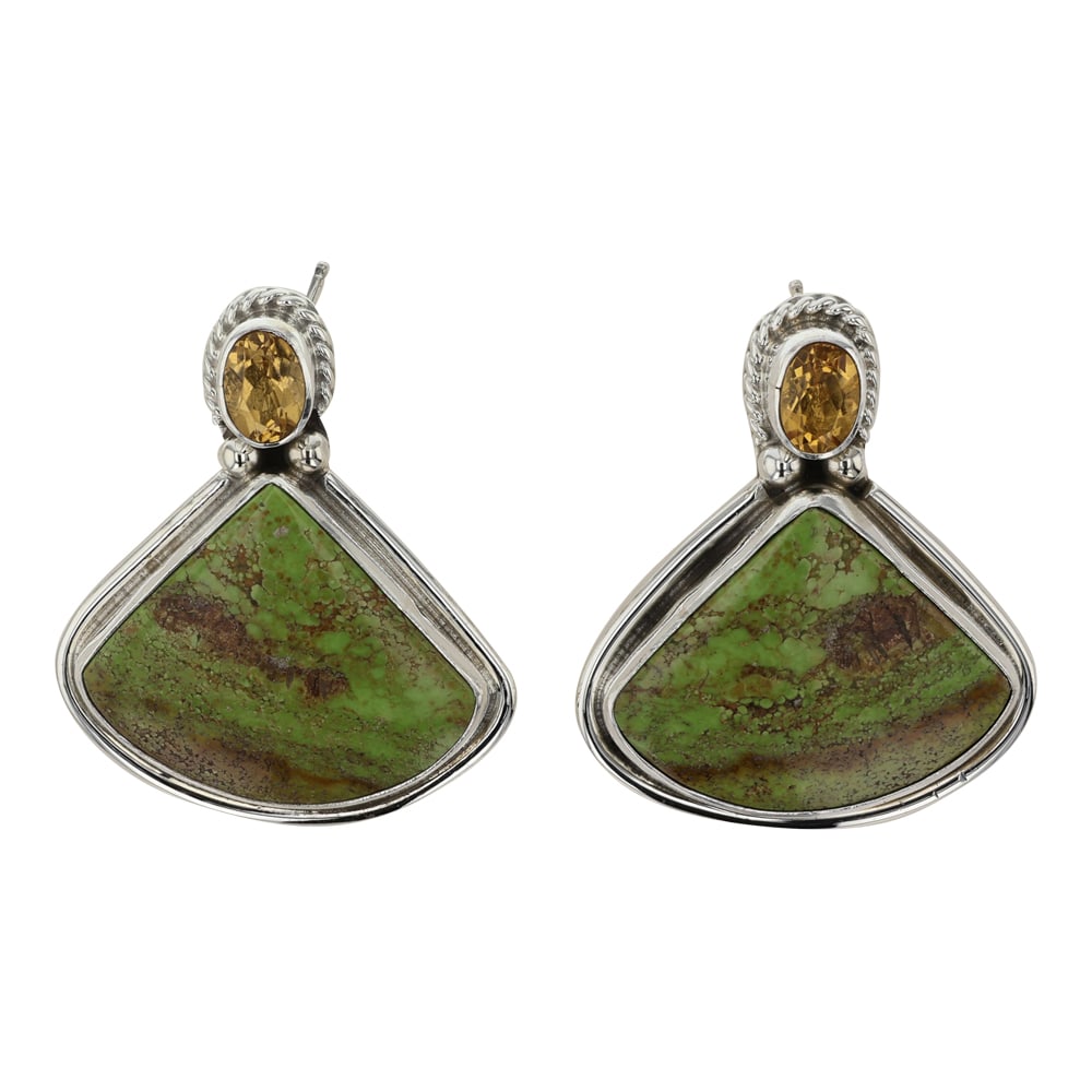 Kathleen Livingston Navajo Gaspeite & Citrine Earrings: Sterling Silver | Genuine Gaspeite & Citrine | Kathleen Livingston Navajo Gaspeite & Citrine Earrings | Navajo Native American Southwest Indian Jewelry | Good (no breaks or damages) | Approximate Weig