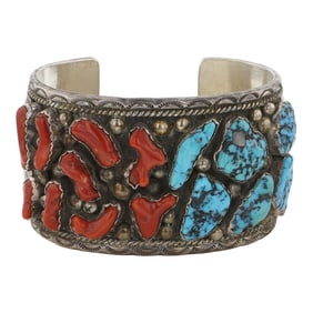 Ernest Wood Navajo Sleeping Beauty Turquoise & Mediterranean Coral Large Cuff Bracelet