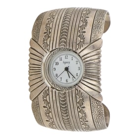 Vintage Navajo Plain Silver Domed Stamp-Work Cuff Watch Bracelet