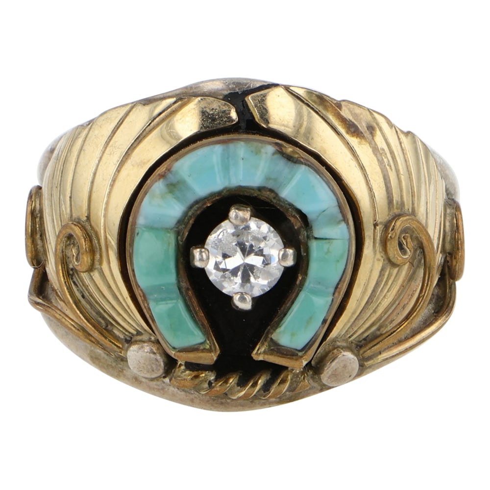 Navajo Sterling Silver & Gold Filled Turquoise & CZ Horseshoe Ring (1 of 3)