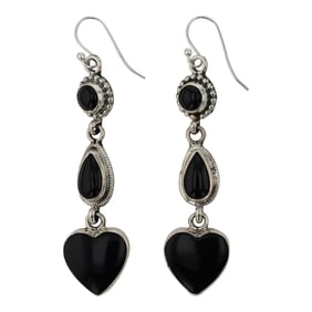 Navajo Black Onyx Three Stone Earrings