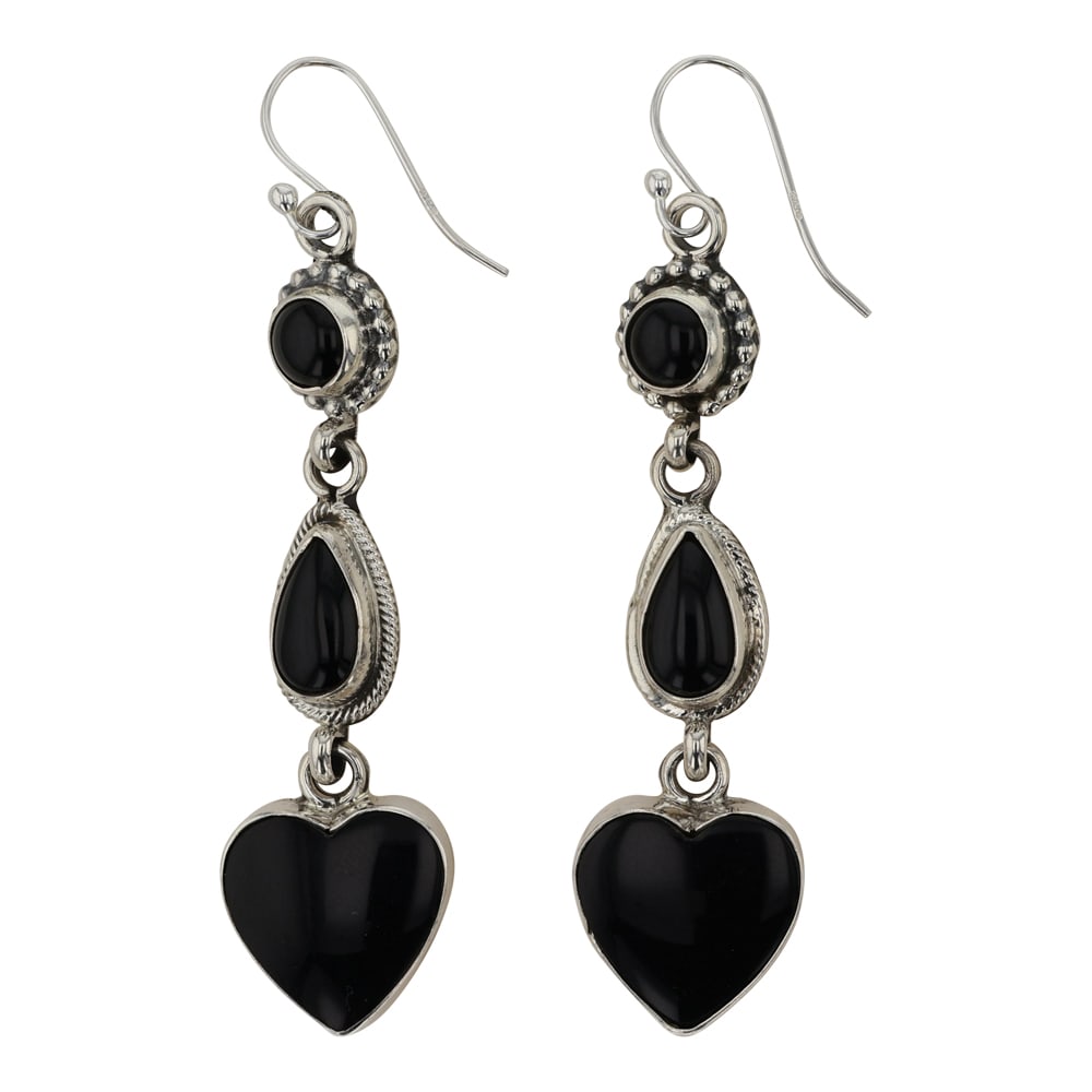 Navajo Black Onyx Three Stone Earrings: Sterling Silver | Genuine Black Onyx | Navajo Black Onyx Three Stone Earrings | Navajo Native American Southwest Indian Jewelry | Good (no breaks or damages) | Approximate Weight: 14 Grams | Earrings: