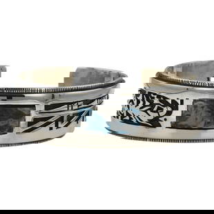 Timmy Yazzie San Felipe Compitos Turquoise Inlay Cuff Bracelet: Sterling Silver | Genuine Compitos Turquoise | Timmy Yazzie San Felipe Compitos Turquoise Inlay Cuff Bracelet | Navajo Native American Southwest Indian Jewelry | Good (no breaks or damages) | Approxim