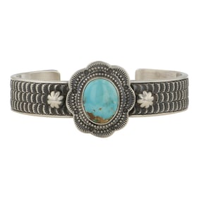 Mathew Charley Renowned Navajo Silversmith Royston Turquoise Stamp-Work Cuff bracelet