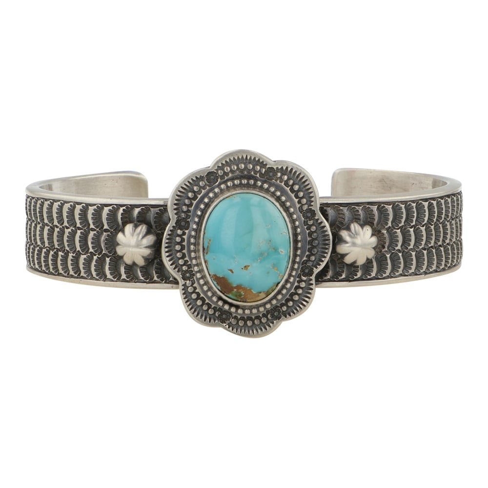 Mathew Charley Renowned Navajo Silversmith Royston Turquoise Stamp-Work Cuff bracelet (1 of 4)