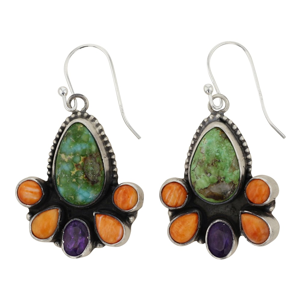 Rena Shelly Navajo Sonoran Gold Turquoise Spiny Oyster & Faceted Amethyst Earrings: Sterling Silver | Genuine Sonoran Gold Turquoise, Spiny Oyster & Faceted Amethyst | Rena Shelly Navajo Sonoran Gold Turquoise Spiny Oyster & Faceted Amethyst Earrings | Navajo Native American Southwes