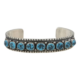 Melvin Francis Navajo Kingman Turquoise Stamp-Work Row Cuff Bracelet