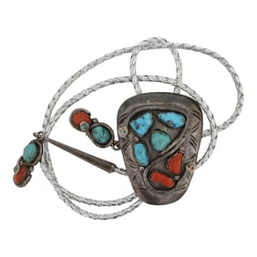 Effie Calavaza ( Effie C) Zuni Vintage Turquoise & Coral Bolo Tie