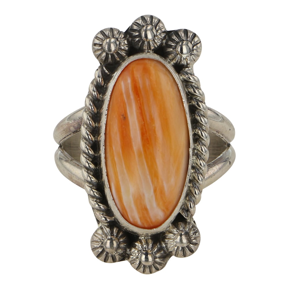 Navajo Spiny Oyster Ring: Sterling Silver | Genuine Spiny Oyster | Navajo Spiny Oyster Ring | Navajo Native American Southwest Indian Jewelry | Good (no breaks or damages) | Approximate Weight: 9 Grams | Ring: 9 size, 1.25" fa