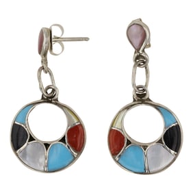 Zuni Turquoise Coral Mother of Pearl & Shell Inlay Earrings