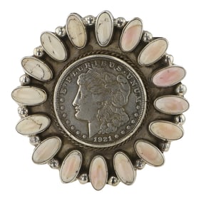 Gilbert Nez Pink Shell Morgan Dollar Cluster Bracelet