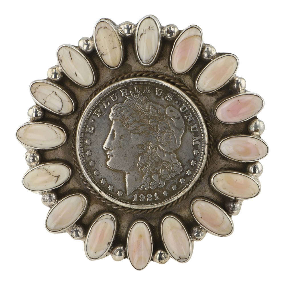 Gilbert Nez Pink Shell Morgan Dollar Cluster Bracelet (1 of 3)