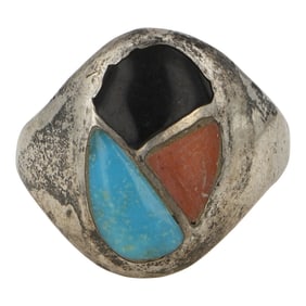 Vintage Zuni Turquoise Coral & Jet Inlay Ring