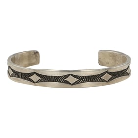 Nora Tahe Navajo Plain Silver Stamp-Work Cuff Bracelet