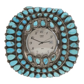 Vintage Navajo Kingman Turquoise Cluster Watch Bracelet