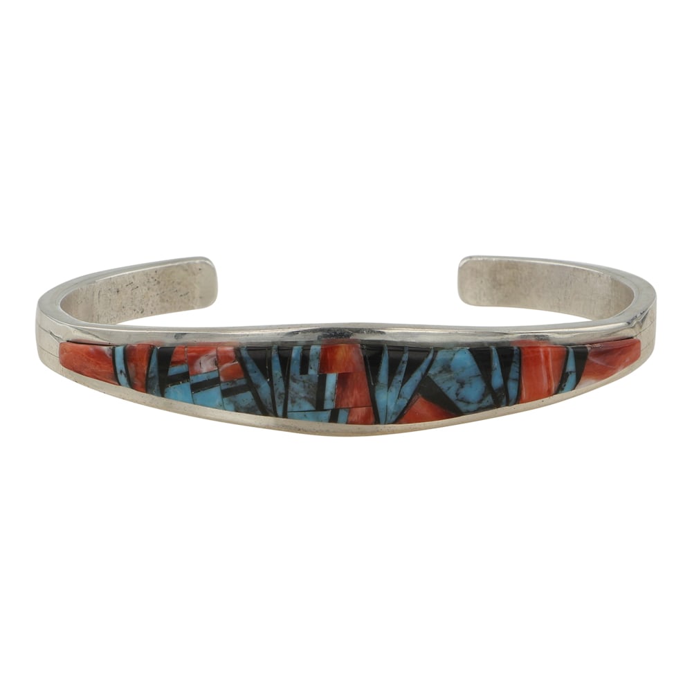 Catheryn Webster Navajo Turquoise Jet & Spiny Oyster Inlay Cuff Bracelet: Sterling Silver | Genuine Turquoise, Jet, & Spiny Oyster | Catheryn Webster Navajo Turquoise Jet & Spiny Oyster Inlay Cuff Bracelet | Navajo Native American Southwest Indian Jewelry | Good (no breaks 