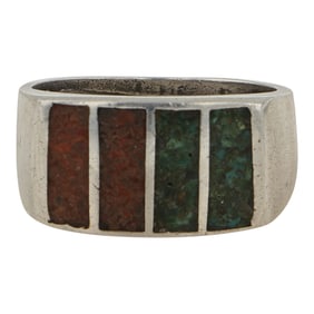 Vintage Navajo Turquoise & Coral Chip Inlay Ring