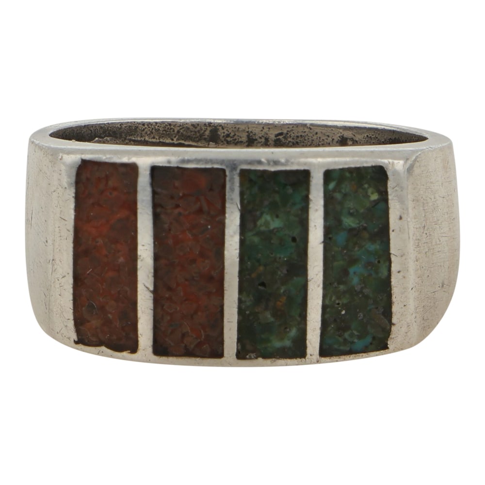 Vintage Navajo Turquoise & Coral Chip Inlay Ring: Sterling Silver | Genuine Turquoise & Coral | Vintage Navajo Turquoise & Coral Chip Inlay Ring | Navajo Native American Southwest Indian Jewelry | Good (no breaks or damages) | Approximate Weight: 8 G