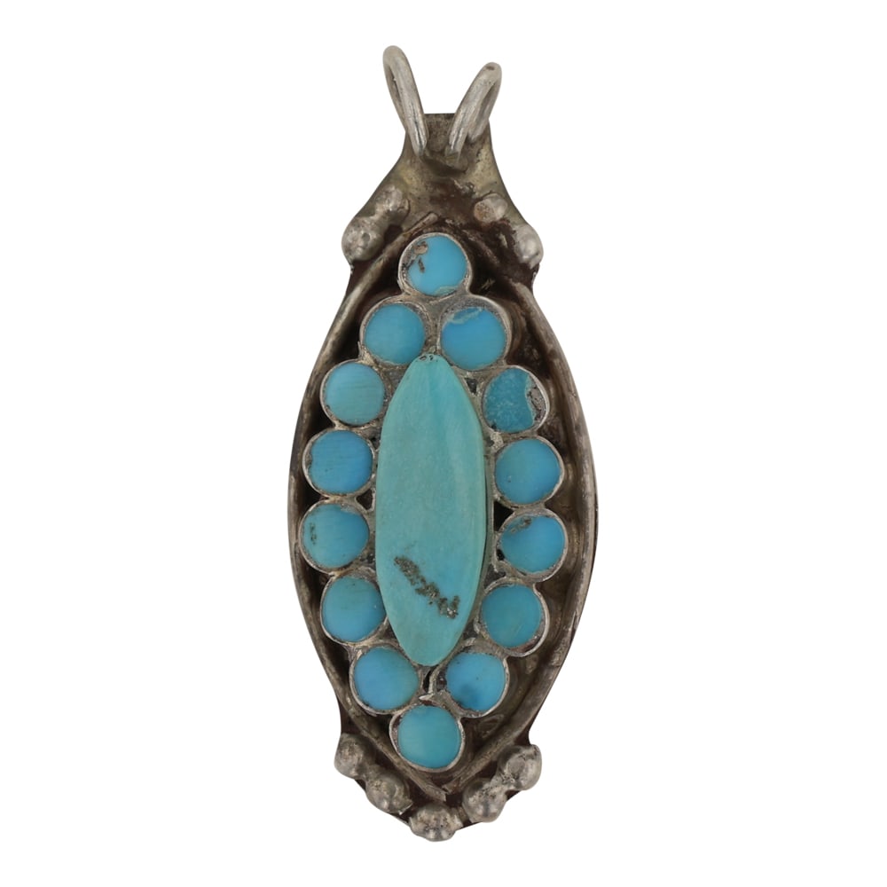 Vintage Zuni Kingman Turquoise Inlay Pendant: Sterling Silver | Genuine Kingman Turquoise | Vintage Zuni Kingman Turquoise Inlay Pendant | Zuni Native American Southwest Indian Jewelry | Good (no breaks or damages) | Approximate Weight: 4 Grams |