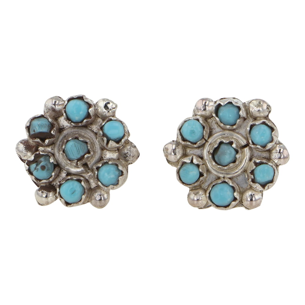 Zuni Kingman Turquoise Petit Point Earrings: Sterling Silver | Genuine Kingman Turquoise | Zuni Kingman Turquoise Petit Point Earrings | Zuni Native American Southwest Indian Jewelry | Good (no breaks or damages) | Approximate Weight: 2 Grams | 