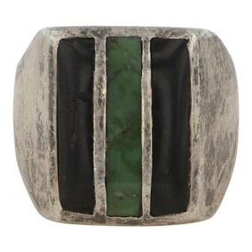 Vintage Navajo Turquoise & Jet Inlay Ring