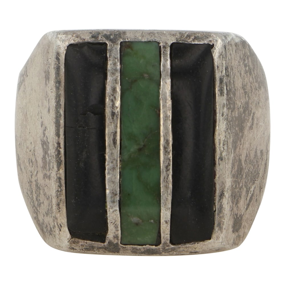 Vintage Navajo Turquoise & Jet Inlay Ring: Sterling Silver | Genuine Turquoise & Jet | Vintage Navajo Turquoise & Jet Inlay Ring | Navajo Native American Southwest Indian Jewelry | Good (no breaks or damages) | Approximate Weight: 15 Grams | R