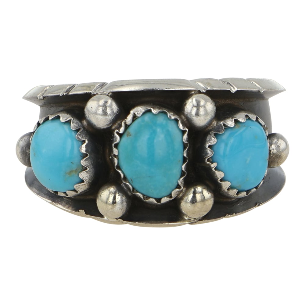 Navajo Kingman Turquoise Three Stone Ring: Sterling Silver | Genuine Kingman Turquoise | Navajo Kingman Turquoise Three Stone Ring | Navajo Native American Southwest Indian Jewelry | Good (no breaks or damages) | Approximate Weight: 6 Grams | 