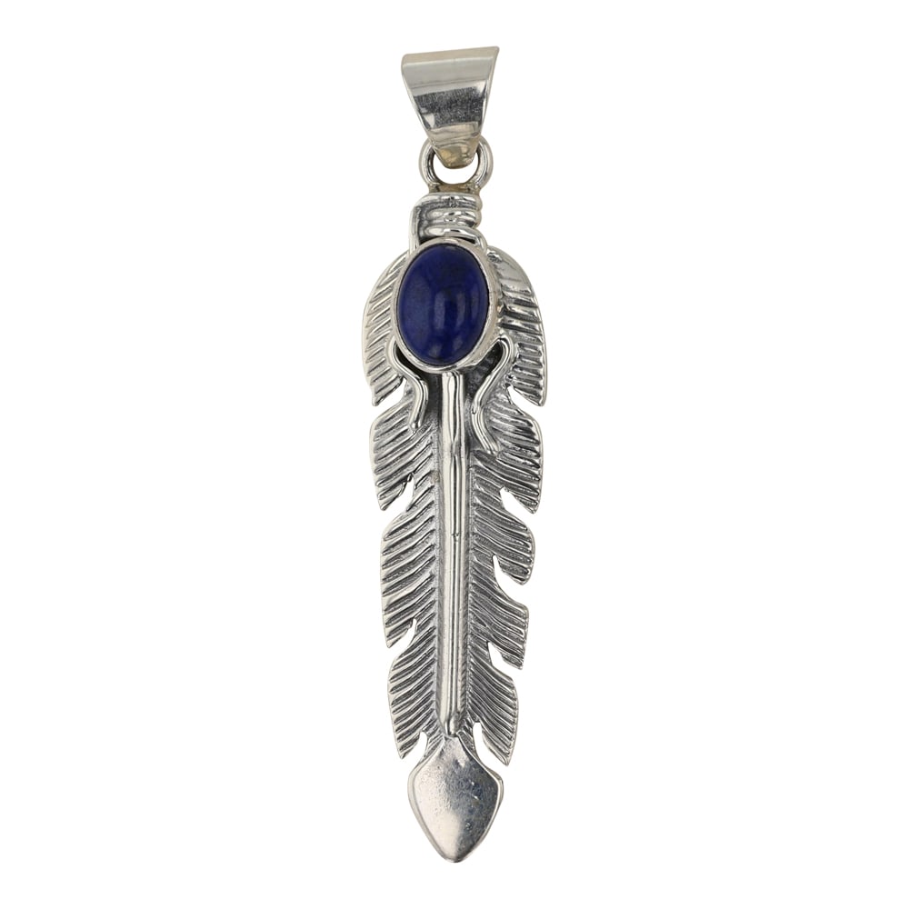 June Delgarito Navajo Lapis Feather Pendant: Sterling Silver | Genuine Lapis | June Delgarito Navajo Lapis Feather Pendant | Navajo Native American Southwest Indian Jewelry | Good (no breaks or damages) | Approximate Weight: 4 Grams | Pendant: .