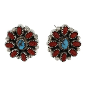 Navajo Turquoise & Mediterranean Coral Cluster Earrings