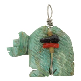 Zuni Turquoise Coral & Jet Carved Bear Pendant
