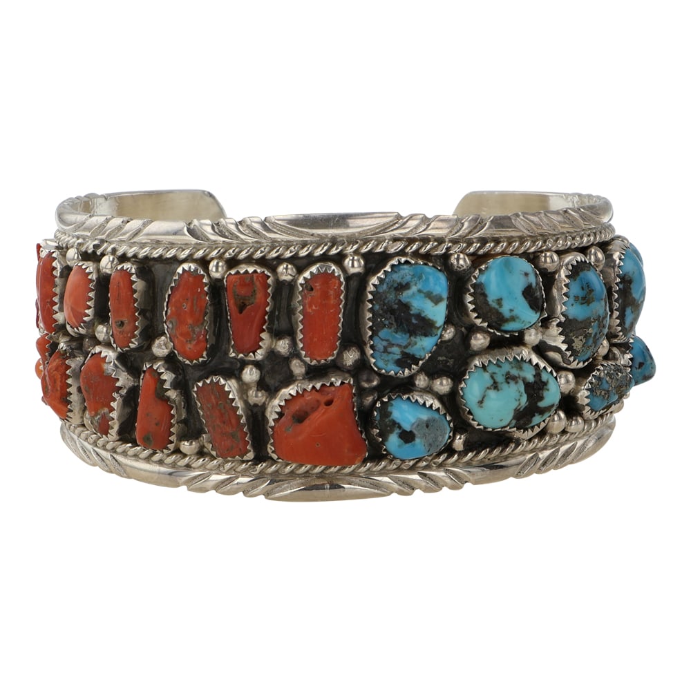 Navajo Turquoise & Coral Cuff Bracelet: Sterling Silver | Genuine Turquoise & Coral | Navajo Turquoise & Coral Cuff Bracelet | Navajo Native American Southwest Indian Jewelry | Good (no breaks or damages) | Approximate Weight: 53 Grams | Br