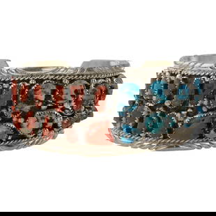 Navajo Turquoise & Coral Cuff Bracelet: Sterling Silver | Genuine Turquoise & Coral | Navajo Turquoise & Coral Cuff Bracelet | Navajo Native American Southwest Indian Jewelry | Good (no breaks or damages) | Approximate Weight: 53 Grams | Br