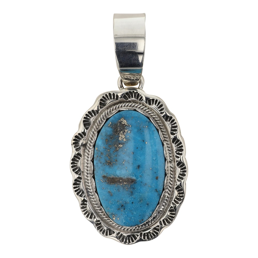 Thomas Francisco Navajo Morenci Turquoise Pendant: Sterling Silver | Genuine Morenci Turquoise | Thomas Francisco Navajo Morenci Turquoise Pendant | Navajo Native American Southwest Indian Jewelry | Good (no breaks or damages) | Approximate Weight: 19