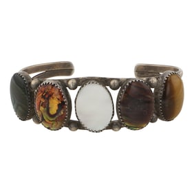 Vintage Navajo Tigers Eye Black Onyx & Shell Cuff Bracelet