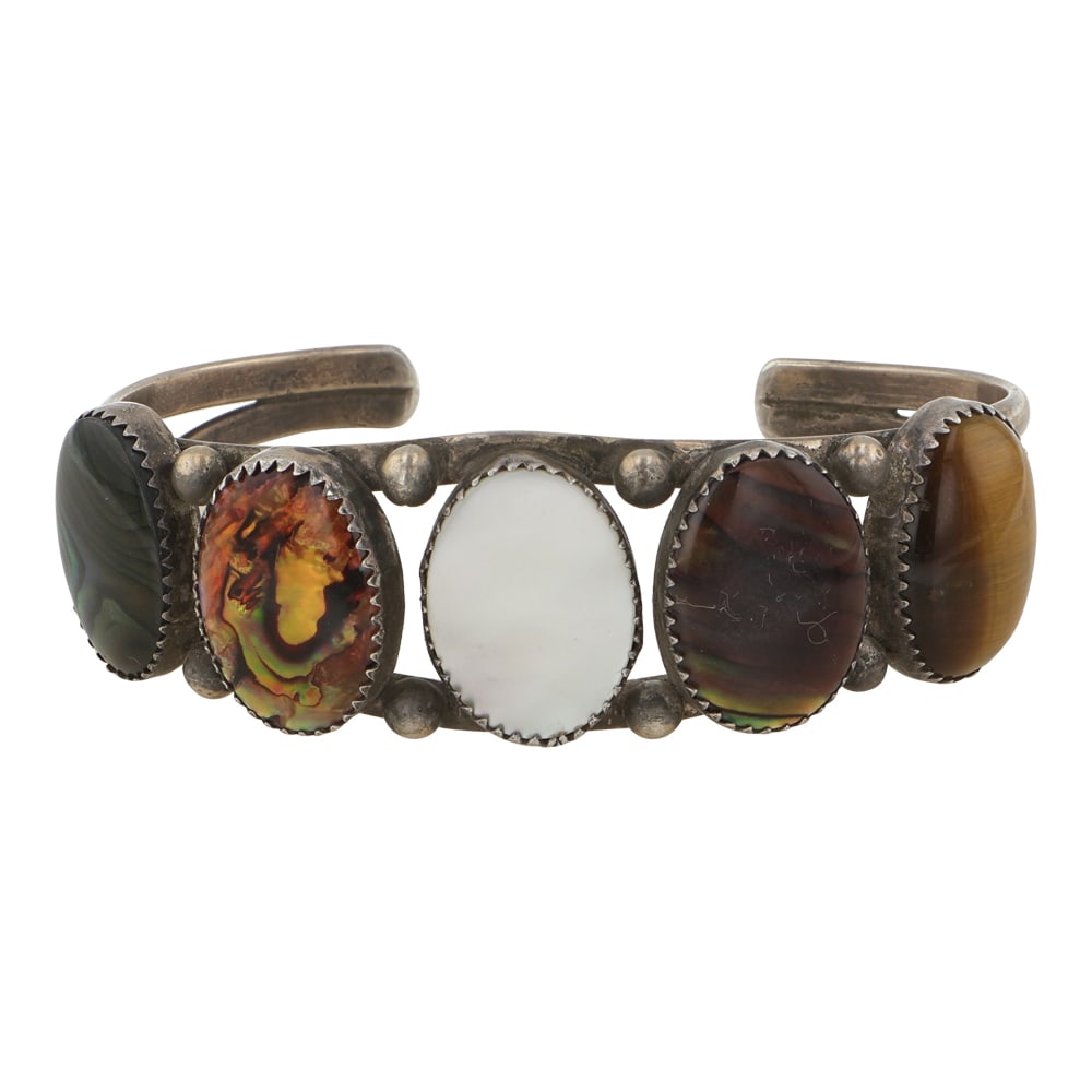Vintage Navajo Tigers Eye Black Onyx & Shell Cuff Bracelet (1 of 3)