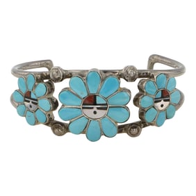 Morris Laahte Zuni Sleeping Beauty Turquoise Coral & Mother of Pearl Inlay Cuff Bracelet