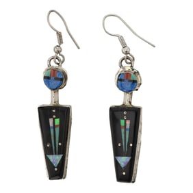 Navajo Turquoise spiny Oyster Lapis Jet Black & Synthetic Opal Micro Inlay Earrings