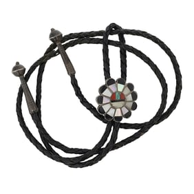 Vintage Zuni Turquoise Coral Jet Black & Mother of Pearl Inlay Bolo Tie