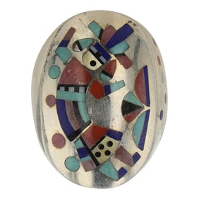 Peter & Pansy Natachu Vintage Zuni Turquoise Coral Lapis Mother of Pearl & Shell Inlay Ring