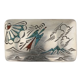 Ben Boyd Navajo Vintage Turquoise & Coral Chip Inlay Peyote Bird Belt Buckel