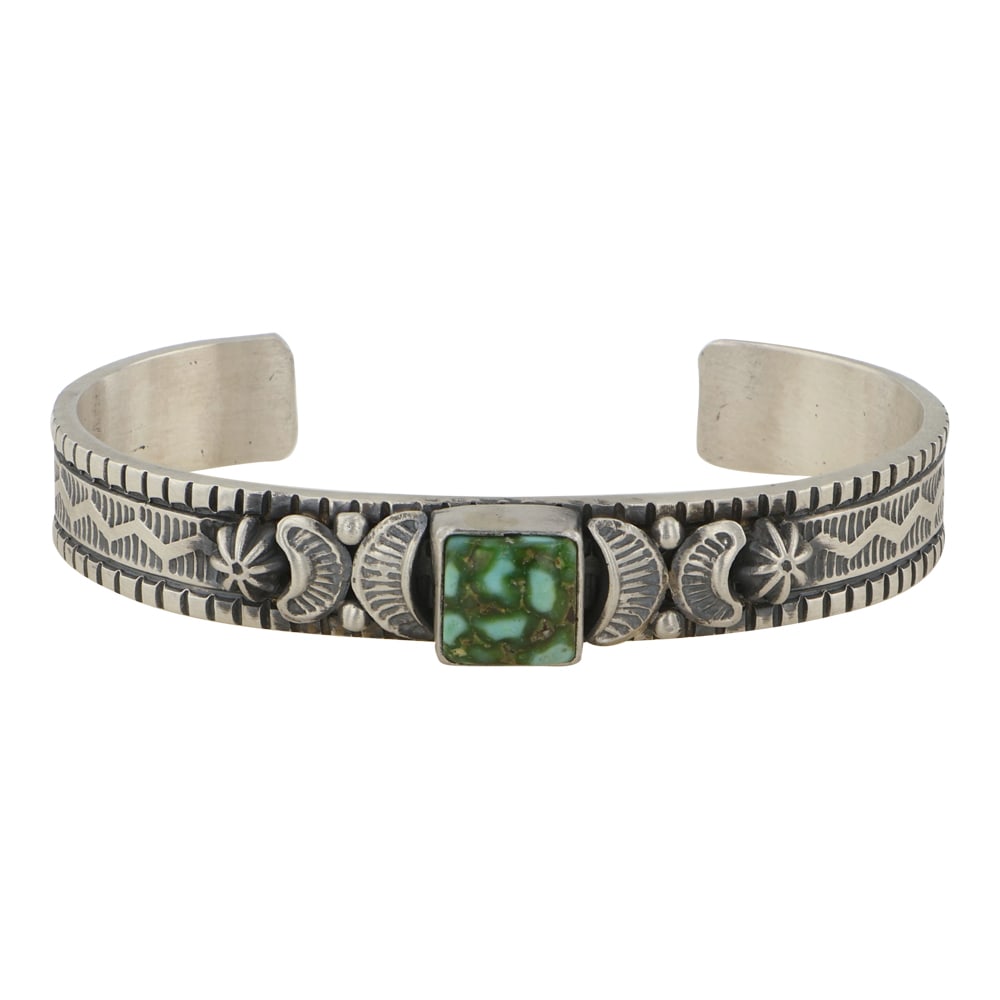Francis Melvin Navajo Sonoran Gold Turquoise Stamp Work Cuff Bracelet: Sterling Silver | Genuine Sonoran Gold Turquoise | Francis Melvin Navajo Sonoran Gold Turquoise Stamp Work Cuff Bracelet | Navajo Native American Southwest Indian Jewelry | Good (no breaks or damages)