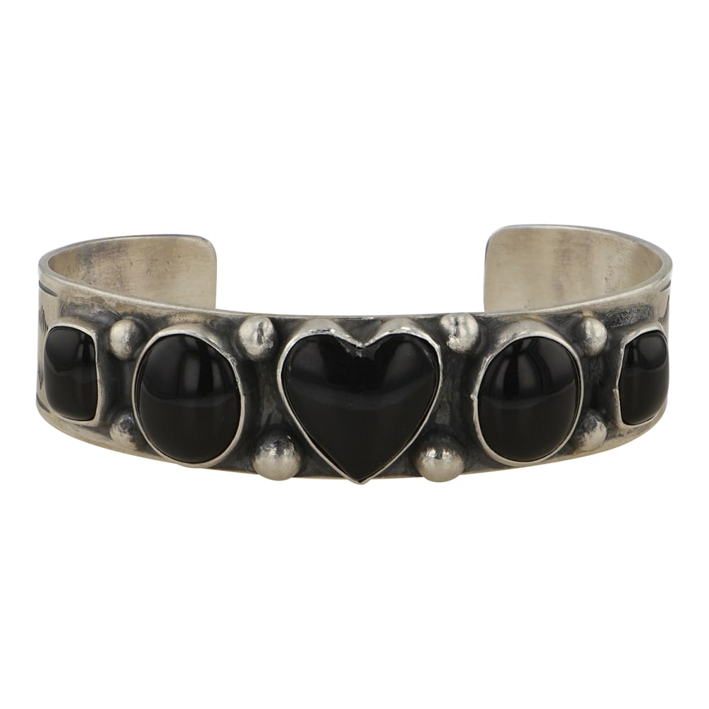 Bob Becenti Navajo Stamp Work Five Stone Black Onyx Cuff Bracelet (1 of 3)