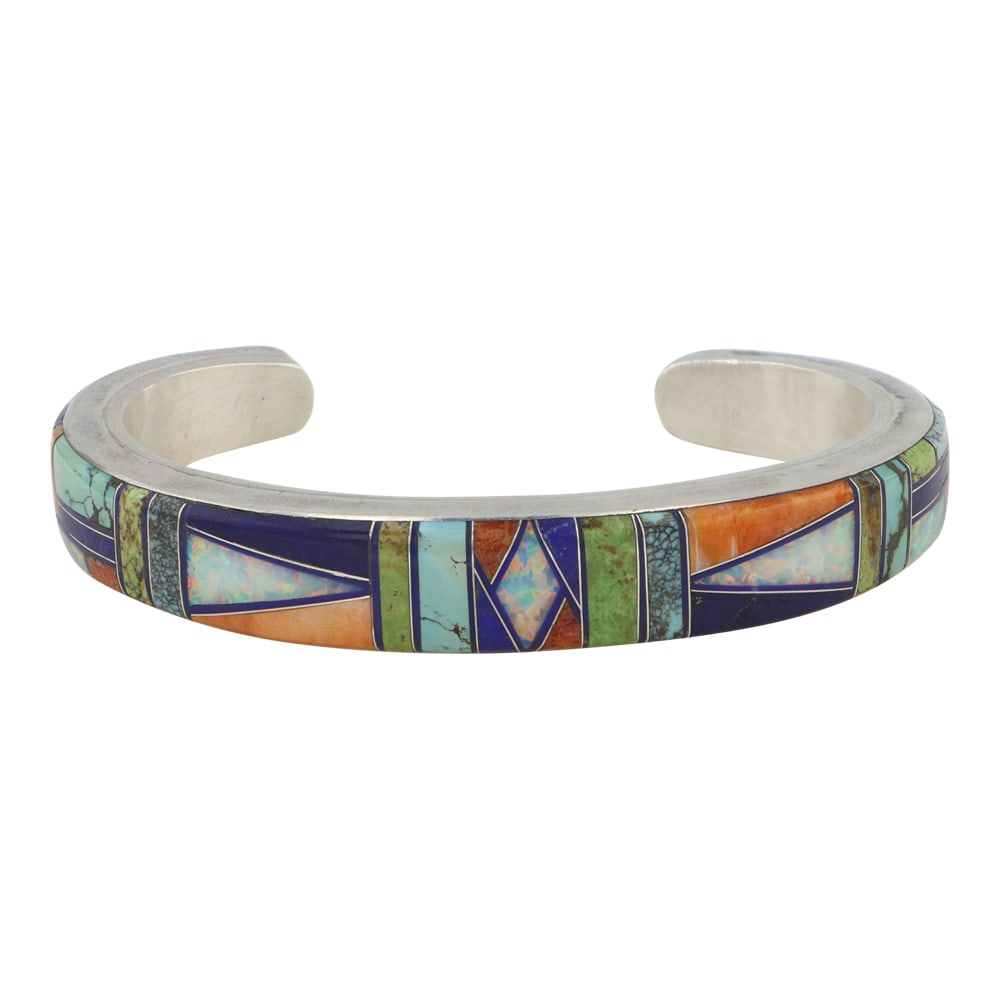 Phillip Sanchez Navajo Turquoise Spiny Oyster Gaspeite Lapis & Synthetic Opal Inlay Cuff Bracelet (1 of 4)