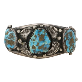 Vintage Navajo Morenci Nugget Turquoise Three Stone Cuff Bracelet
