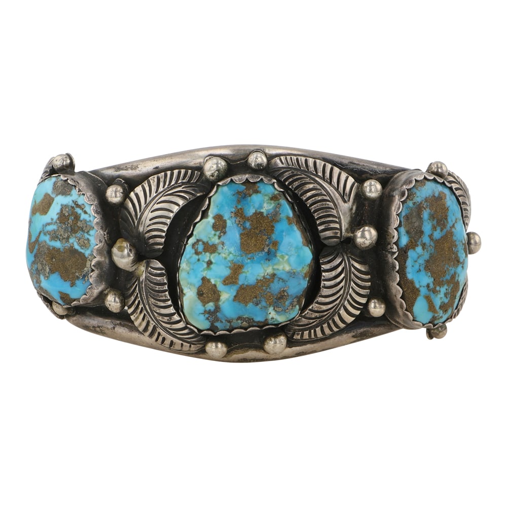 Vintage Navajo Morenci Nugget Turquoise Three Stone Cuff Bracelet (1 of 3)