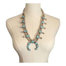 Navajo Kingman Turquoise Squash Blossom Necklace
