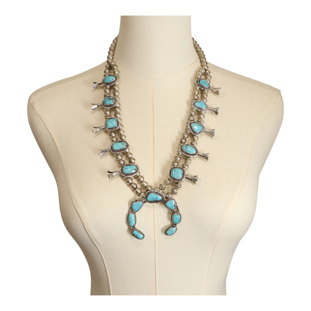 Navajo Kingman Turquoise Squash Blossom Necklace: Sterling Silver | Genuine Kingman Turquoise | Navajo Kingman Turquoise Squash Blossom Necklace | Navajo Native American Southwest Indian Jewelry | Good (no breaks or damages) | Approximate Weight: 109