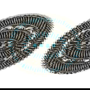 Zuni Sleeping Beauty Turquoise Needlepoint Belt Buckle: Sterling Silver | Genuine Sleeping Beauty Turquoise | Zuni Sleeping Beauty Turquoise Needlepoint Belt Buckle | Zuni Native American Southwest Indian Jewelry | Good (no breaks or damages) | Approximate